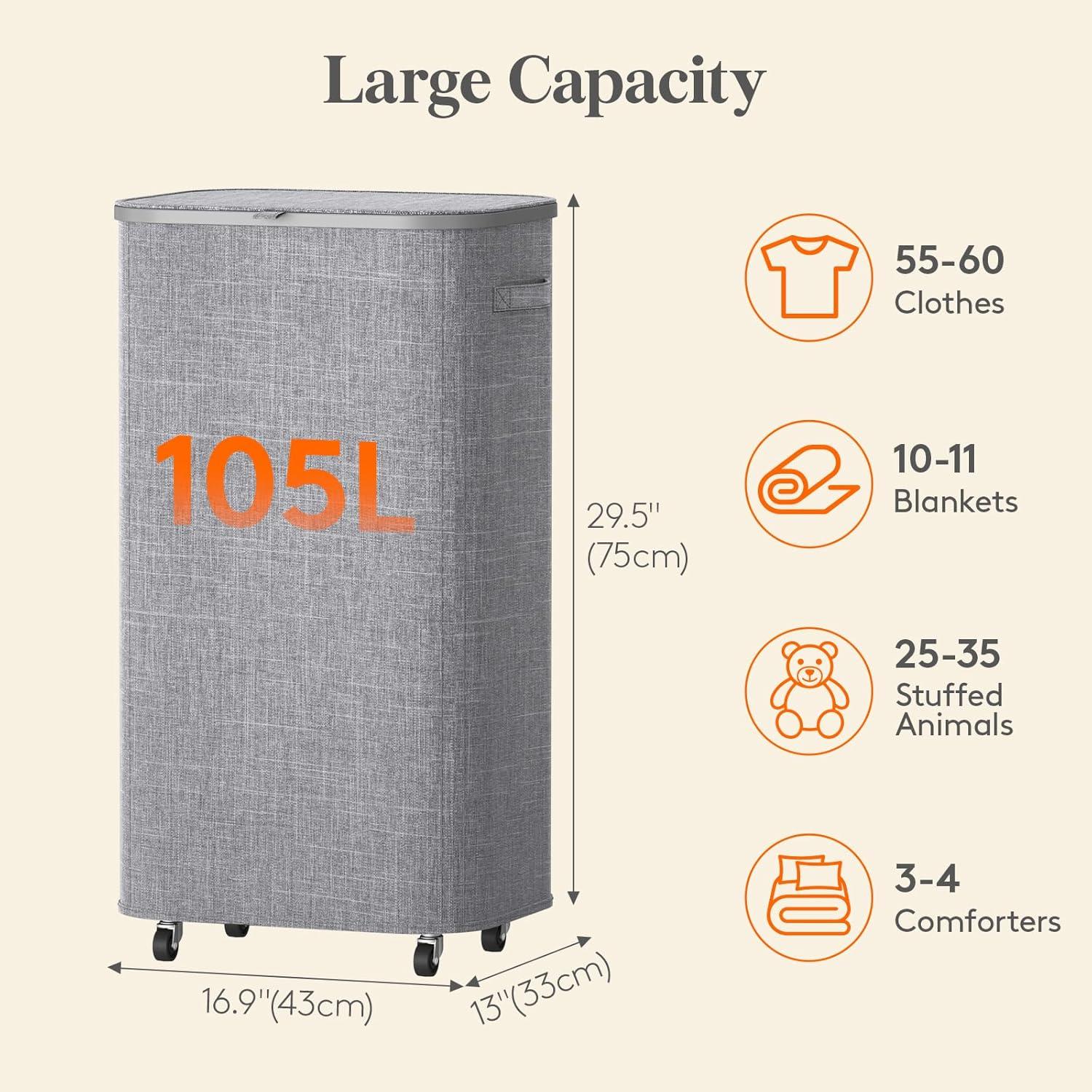 imageLifewit 85L Plastic Laundry Basket with Lid Large Clothes Hamper with Wheels and Removable Bag Tall Collapsible Rolling Storage Bin for Dorm Bedroom Bathroom BeigeLight Gray