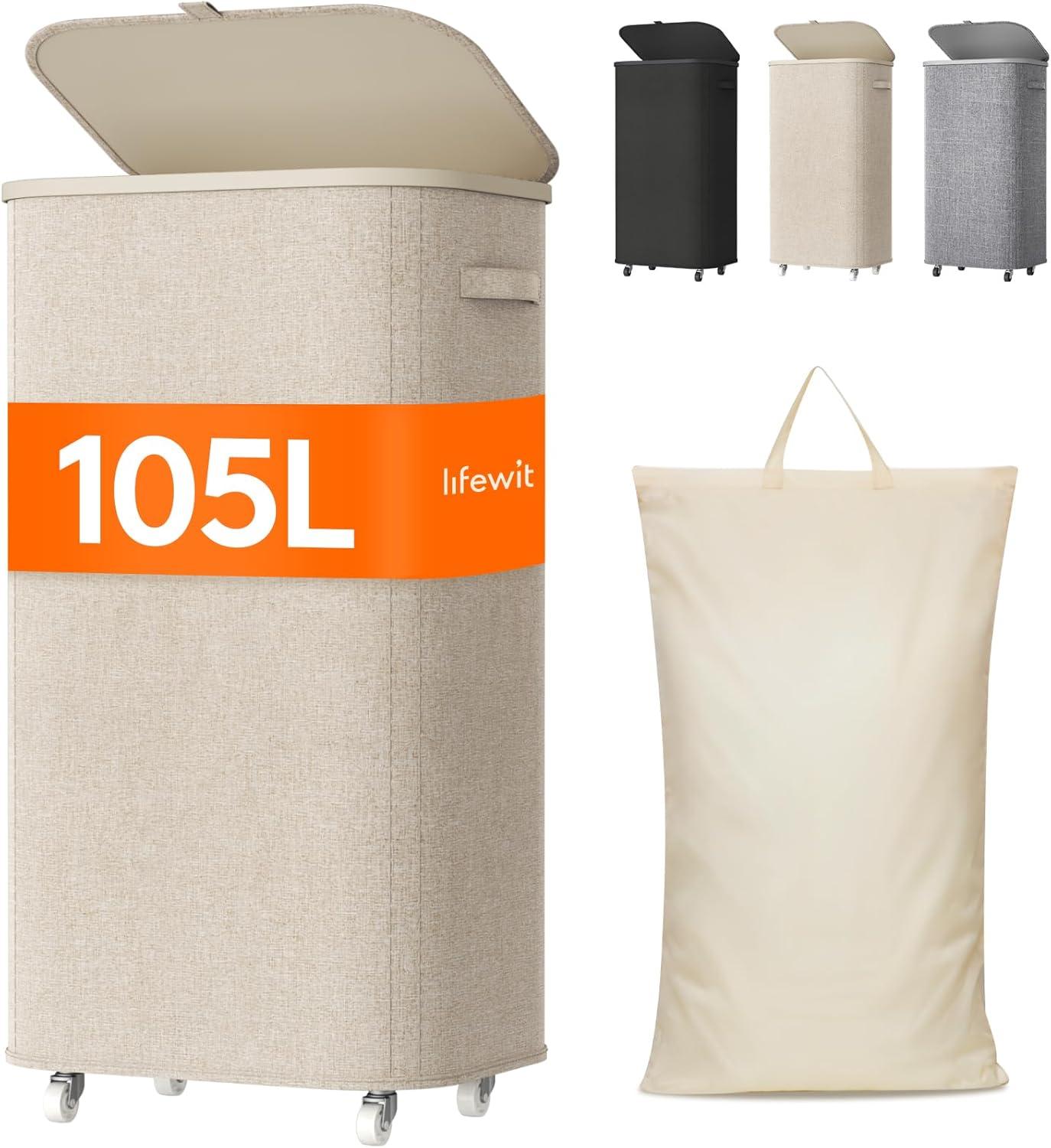 imageLifewit 85L Plastic Laundry Basket with Lid Large Clothes Hamper with Wheels and Removable Bag Tall Collapsible Rolling Storage Bin for Dorm Bedroom Bathroom BeigeBeige
