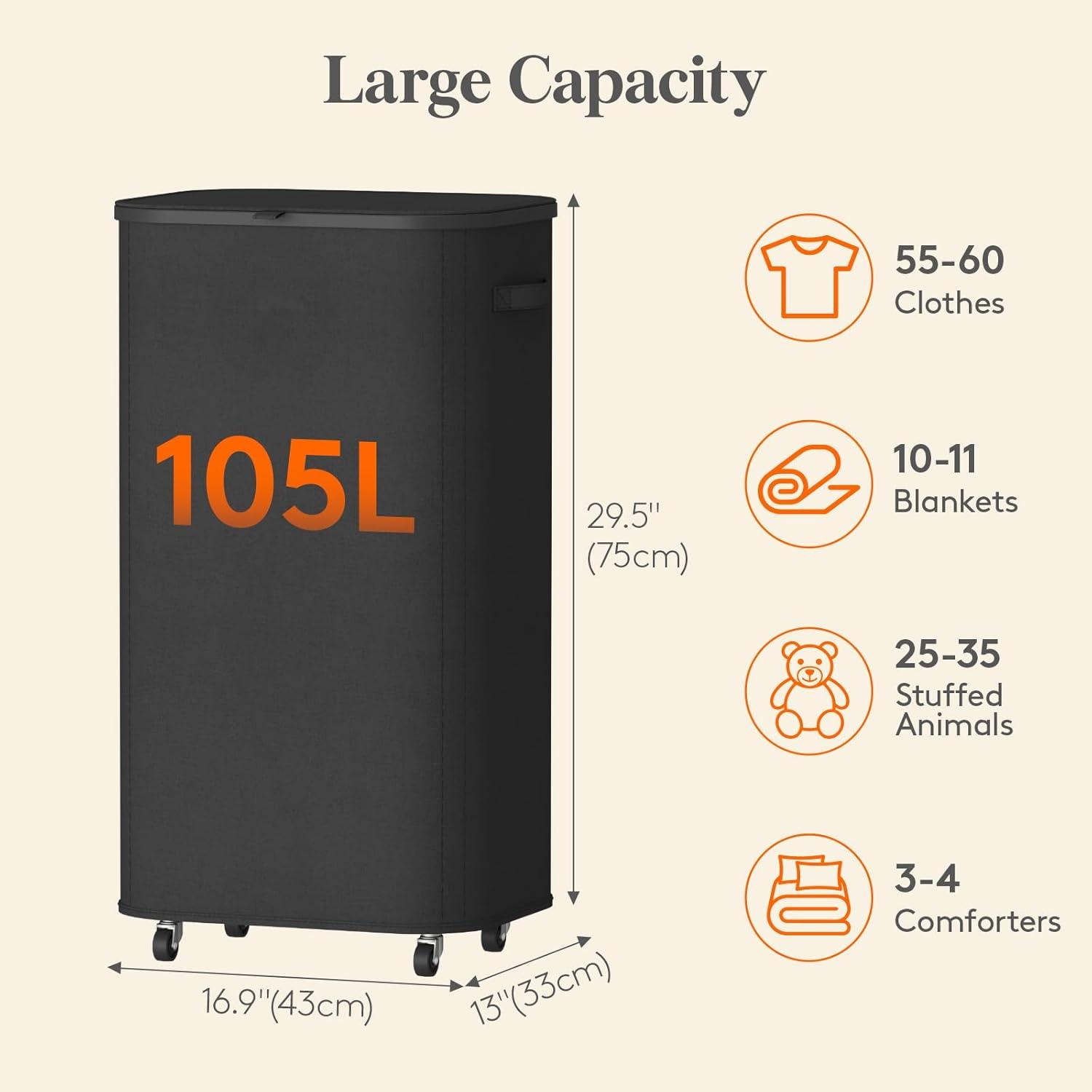 imageLifewit 85L Plastic Laundry Basket with Lid Large Clothes Hamper with Wheels and Removable Bag Tall Collapsible Rolling Storage Bin for Dorm Bedroom Bathroom BeigeBlack