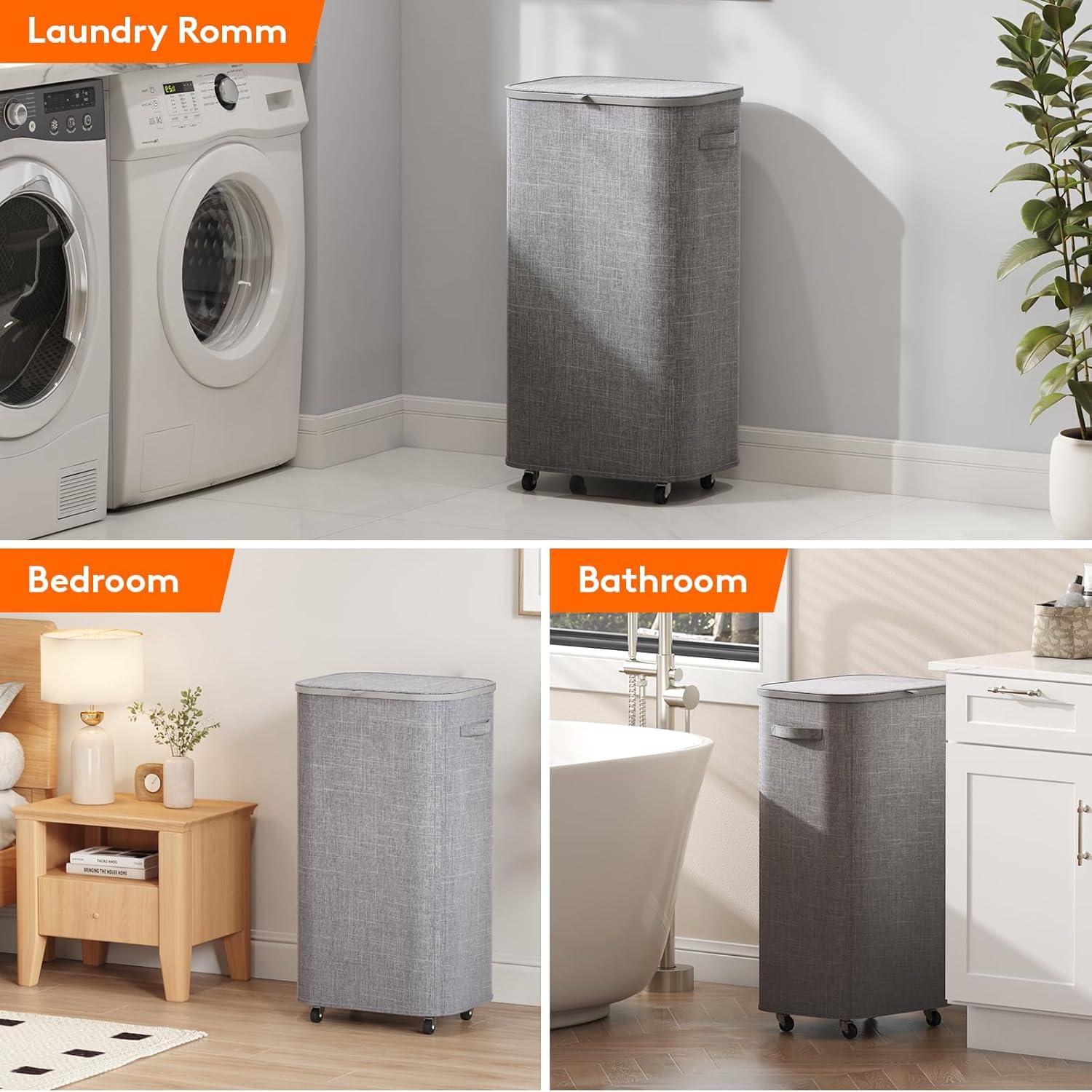 imageLifewit 85L Plastic Laundry Basket with Lid Large Clothes Hamper with Wheels and Removable Bag Tall Collapsible Rolling Storage Bin for Dorm Bedroom Bathroom BeigeLight Gray