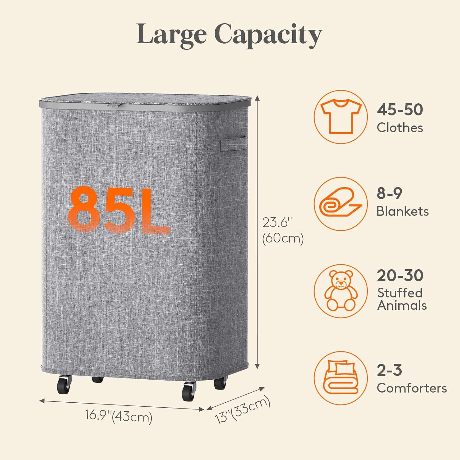 imageLifewit 85L Plastic Laundry Basket with Lid Large Clothes Hamper with Wheels and Removable Bag Tall Collapsible Rolling Storage Bin for Dorm Bedroom Bathroom BeigeLight Gray