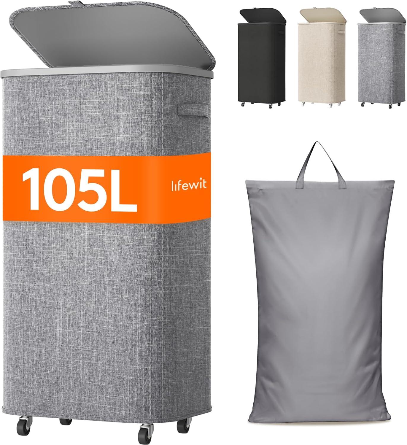 imageLifewit 85L Plastic Laundry Basket with Lid Large Clothes Hamper with Wheels and Removable Bag Tall Collapsible Rolling Storage Bin for Dorm Bedroom Bathroom BeigeLight Gray