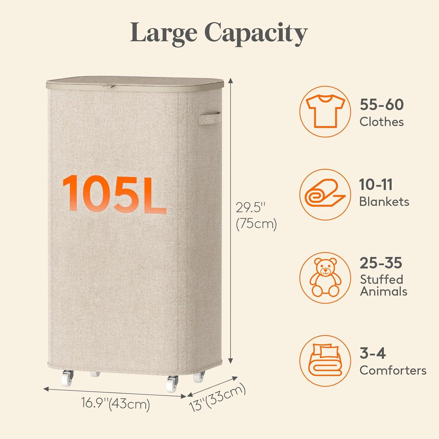 imageLifewit 85L Plastic Laundry Basket with Lid Large Clothes Hamper with Wheels and Removable Bag Tall Collapsible Rolling Storage Bin for Dorm Bedroom Bathroom BeigeBeige