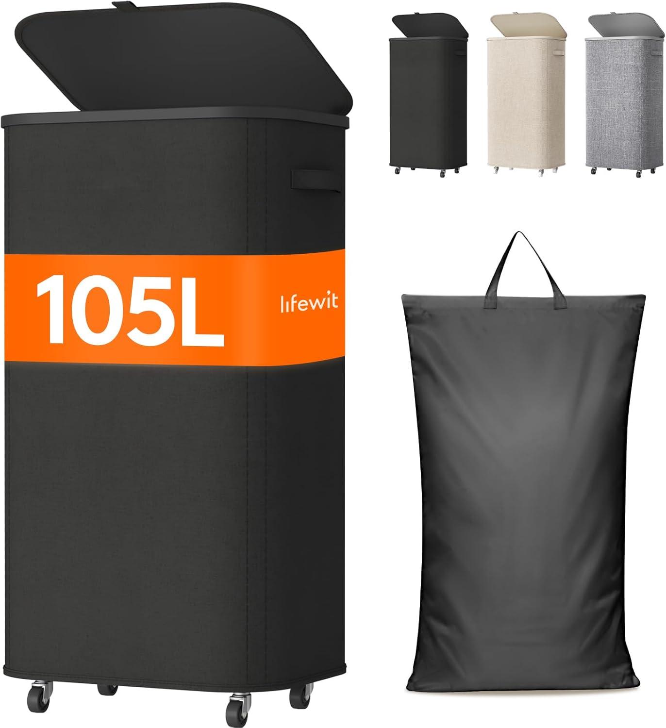 imageLifewit 85L Plastic Laundry Basket with Lid Large Clothes Hamper with Wheels and Removable Bag Tall Collapsible Rolling Storage Bin for Dorm Bedroom Bathroom BeigeBlack