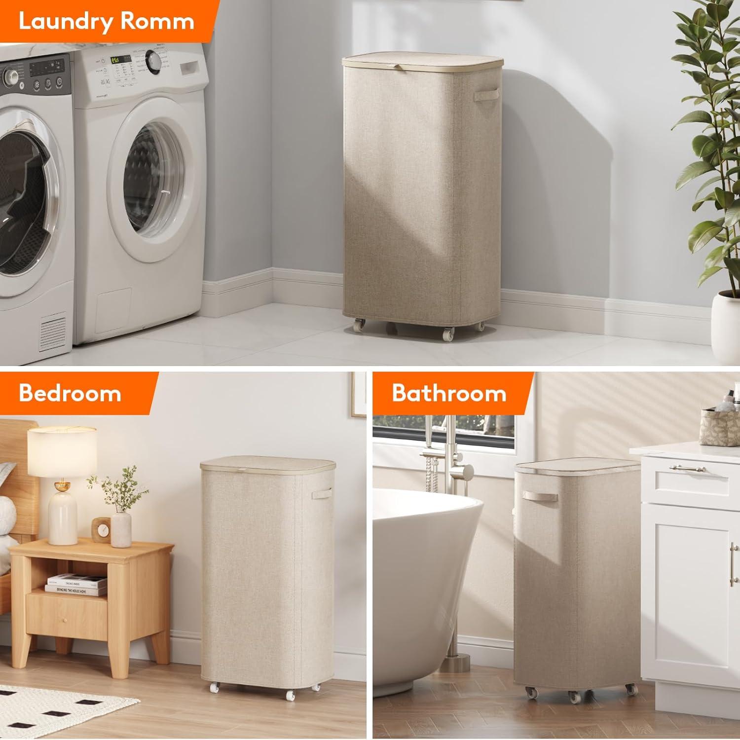 imageLifewit 85L Plastic Laundry Basket with Lid Large Clothes Hamper with Wheels and Removable Bag Tall Collapsible Rolling Storage Bin for Dorm Bedroom Bathroom BeigeBeige