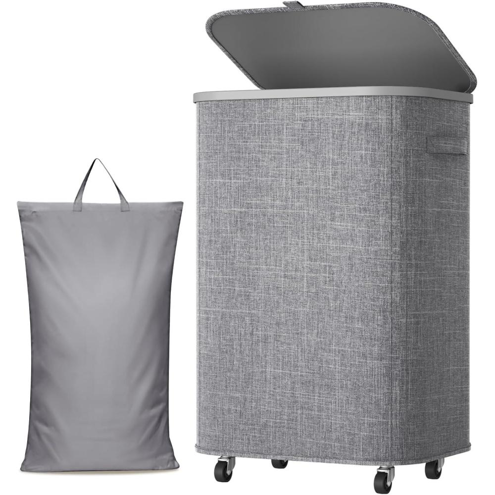 imageLifewit 85L Plastic Laundry Basket with Lid Large Clothes Hamper with Wheels and Removable Bag Tall Collapsible Rolling Storage Bin for Dorm Bedroom Bathroom BeigeLight Gray