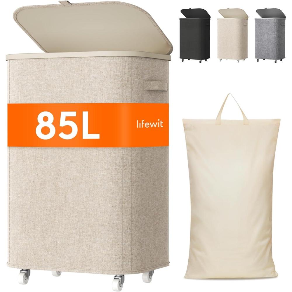 imageLifewit 85L Plastic Laundry Basket with Lid Large Clothes Hamper with Wheels and Removable Bag Tall Collapsible Rolling Storage Bin for Dorm Bedroom Bathroom BeigeBeige