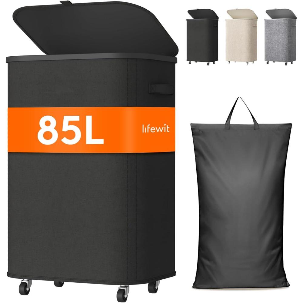 imageLifewit 85L Plastic Laundry Basket with Lid Large Clothes Hamper with Wheels and Removable Bag Tall Collapsible Rolling Storage Bin for Dorm Bedroom Bathroom BeigeBlack