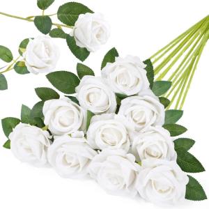 Lifewit 12 Pcs White Artificial Roses Flowers in Bulk, Fake Long Stem Silk Roses for DIY Wedding Bouquets, Centerpieces Arrangements, Valentine Decorations(White)