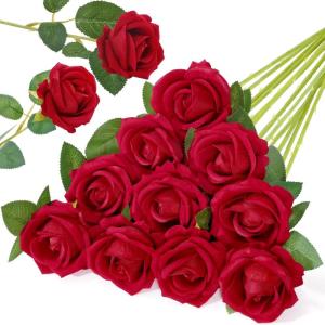 Lifewit 12 Pcs White Artificial Roses Flowers in Bulk, Fake Long Stem Silk Roses for DIY Wedding Bouquets, Centerpieces Arrangements, Valentine Decorations(Red)