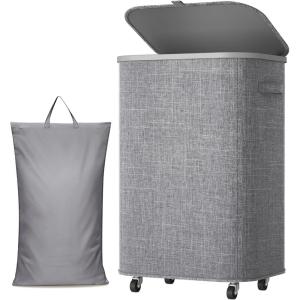 Lifewit 85L Plastic Laundry Basket with Lid, Large Clothes Hamper with Wheels and Removable Bag, Tall Collapsible Rolling Storage Bin for Dorm Bedroom Bathroom, Beige(Light Gray)