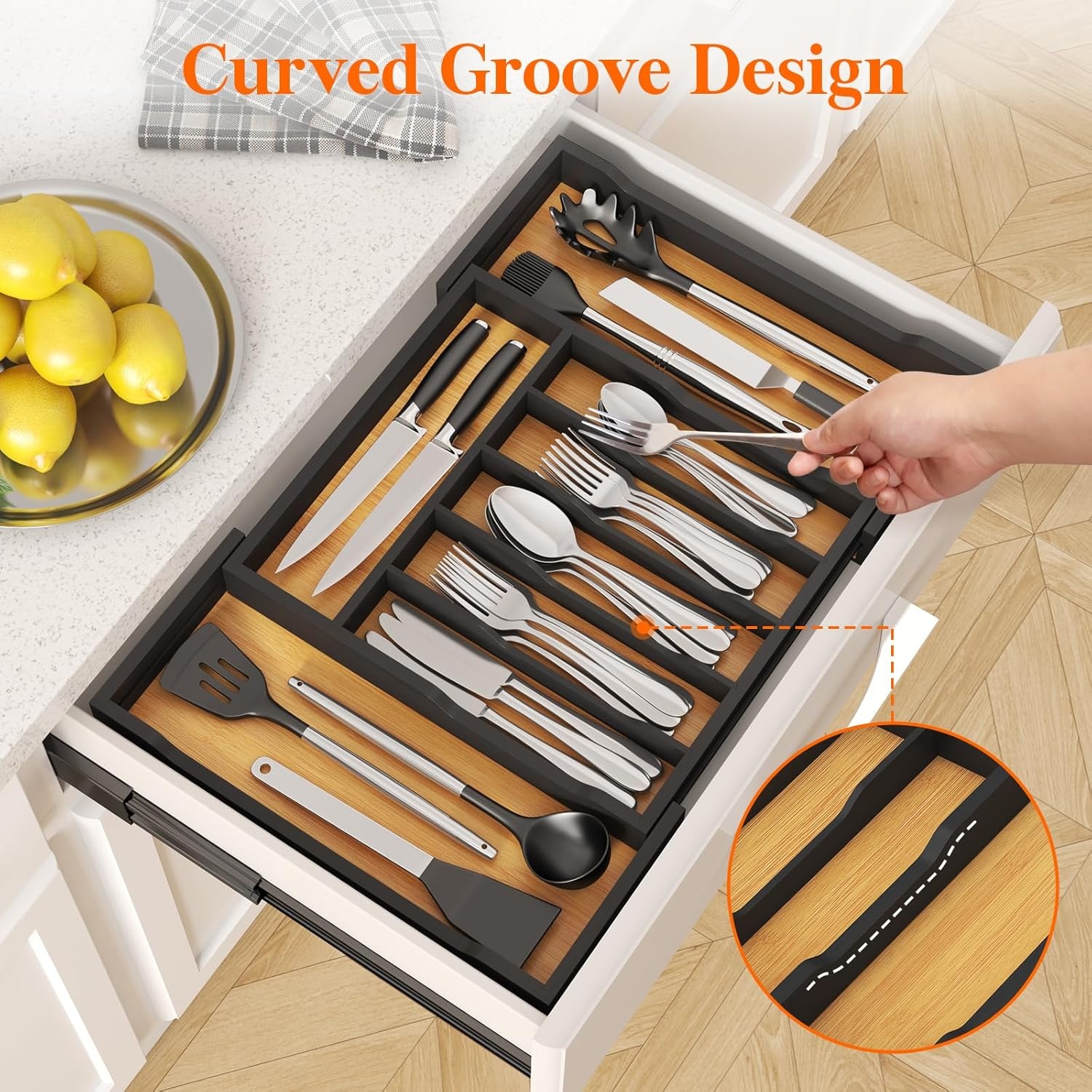 image:imageLifewit Silverware Drawer Organizer Expandable Utensil Tray for Kitchen Flatware and Cutlery Holder Wood Adjustable Storage for Spoons Forks Knives 102181 x 167 NaturalNatural Black