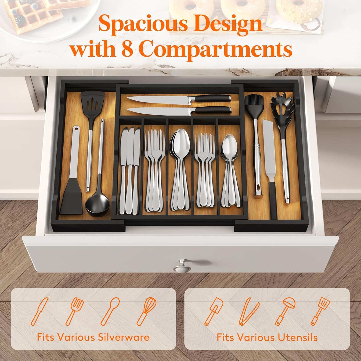 image:imageLifewit Silverware Drawer Organizer Expandable Utensil Tray for Kitchen Flatware and Cutlery Holder Wood Adjustable Storage for Spoons Forks Knives 102181 x 167 NaturalNatural Black