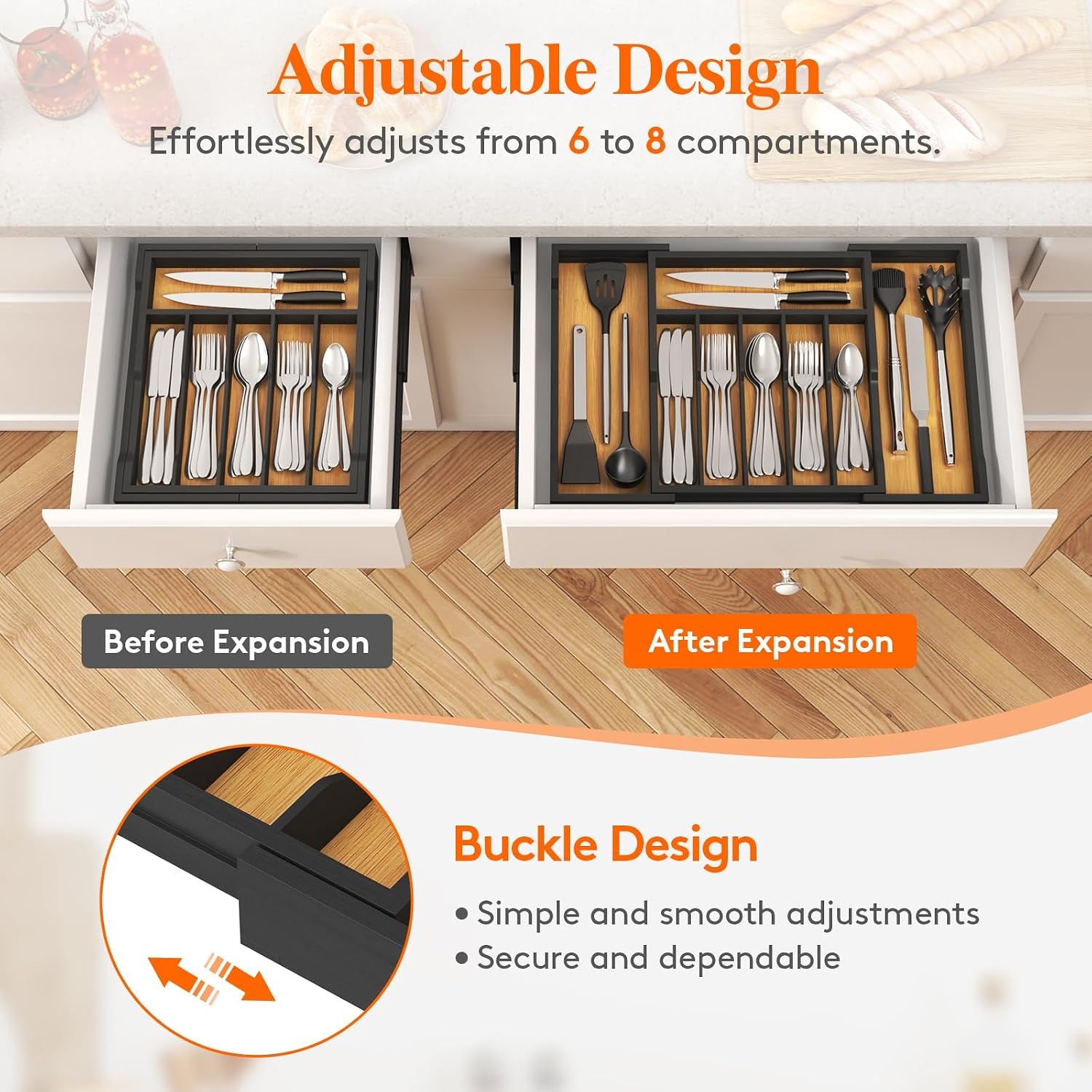 image:imageLifewit Silverware Drawer Organizer Expandable Utensil Tray for Kitchen Flatware and Cutlery Holder Wood Adjustable Storage for Spoons Forks Knives 102181 x 167 NaturalNatural Black