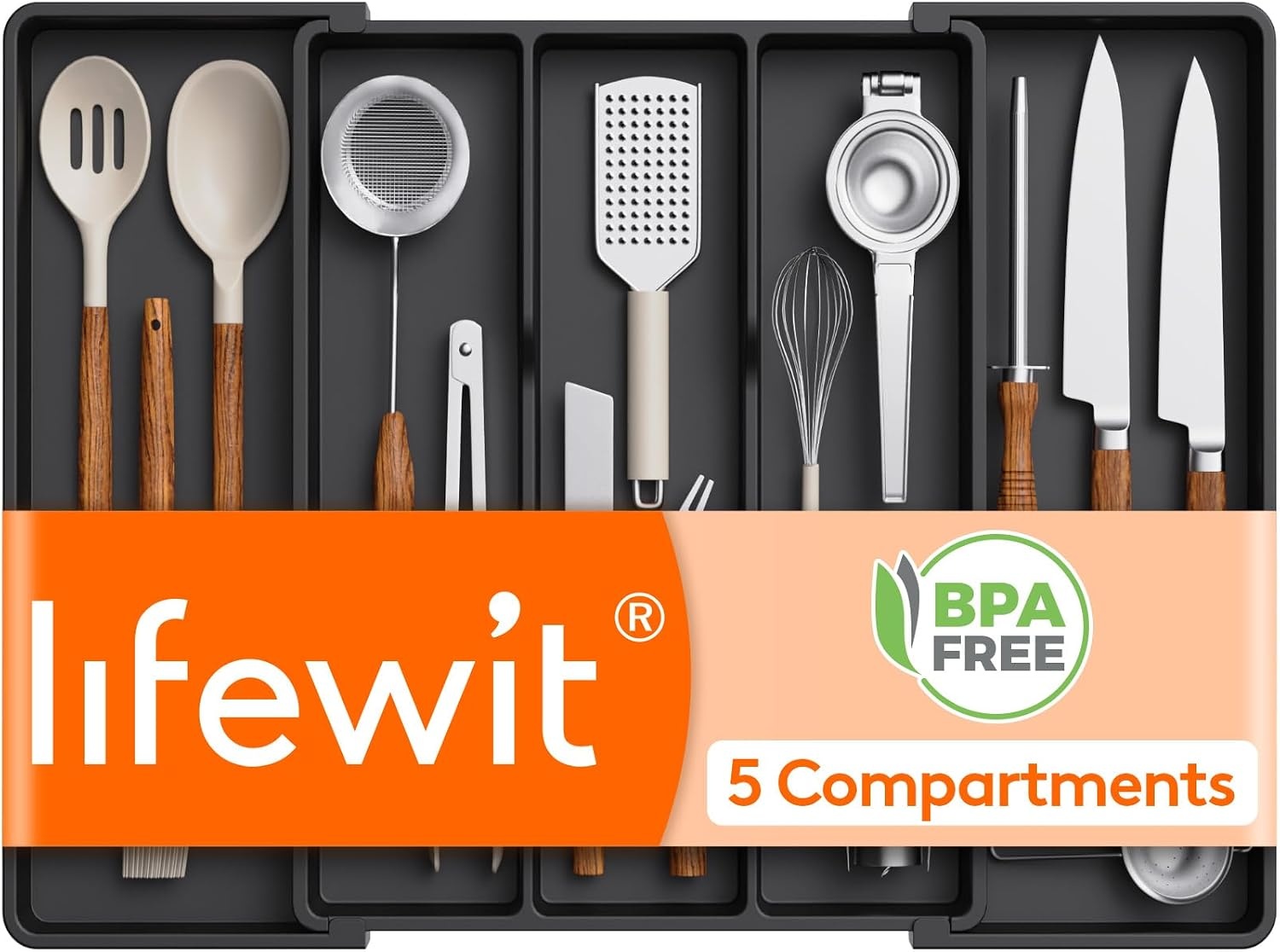 image:imageLifewit Utensil Organizer for Kitchen Drawers Expandable Utensil TrayBlack
