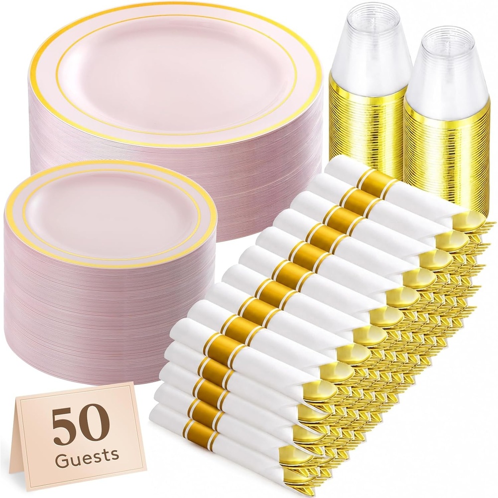 image:imageLifewit 350PCS Gold Plastic PreWrapped Tableware Sets for 50 GuestsPink