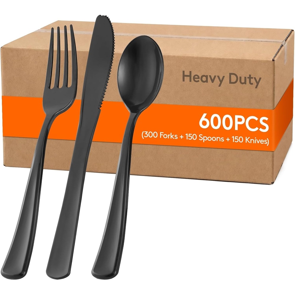 image:imageLifewit White Plastic Silverware Disposable Heavy Duty flatware SetBlack