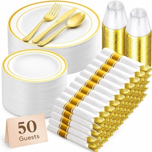 Lifewit 350PCS Gold Plastic Pre-Wrapped Tableware Sets for 50 Guests(Gold)