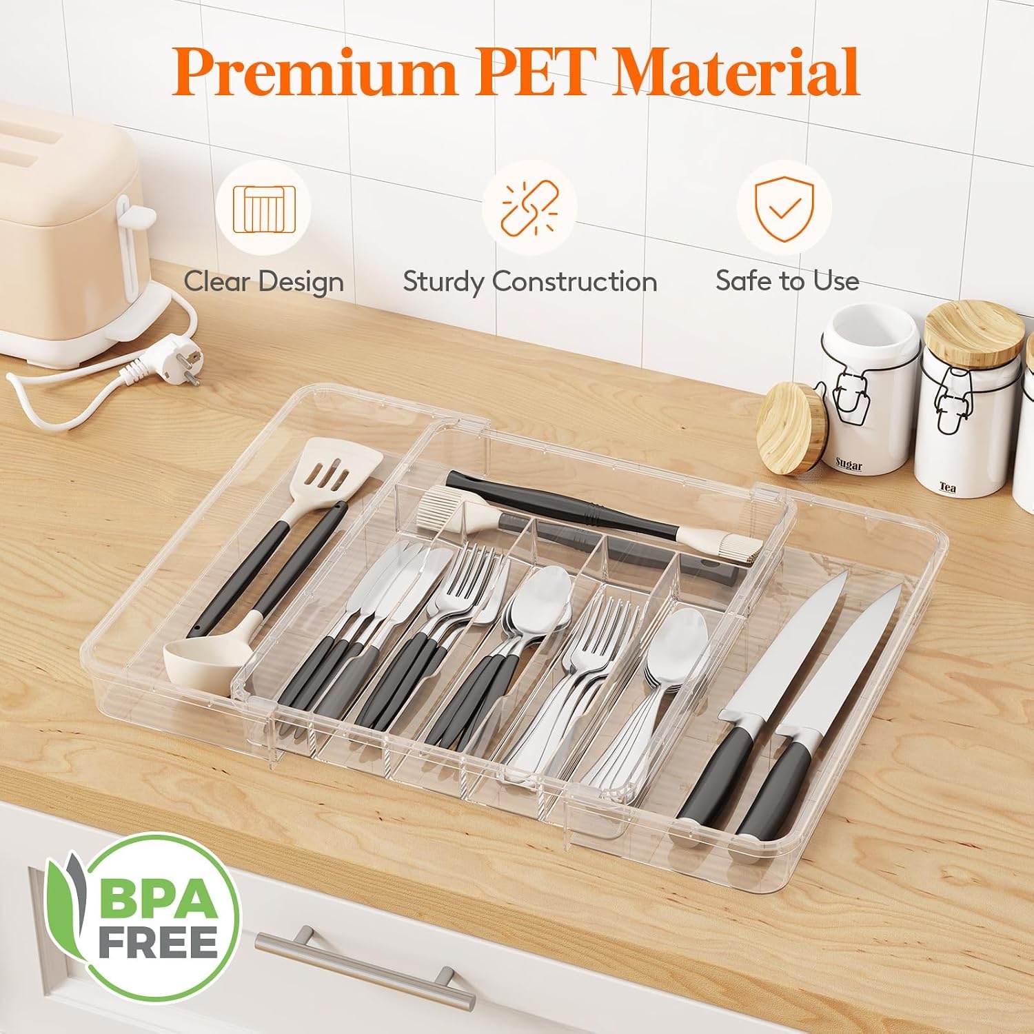 image:imageLifewit Silverware Organizer for Kitchen Drawer Expandable Utensil Tray for Spoons Forks Knives Adjustable Flatware Cutlery Holder Storage Clear