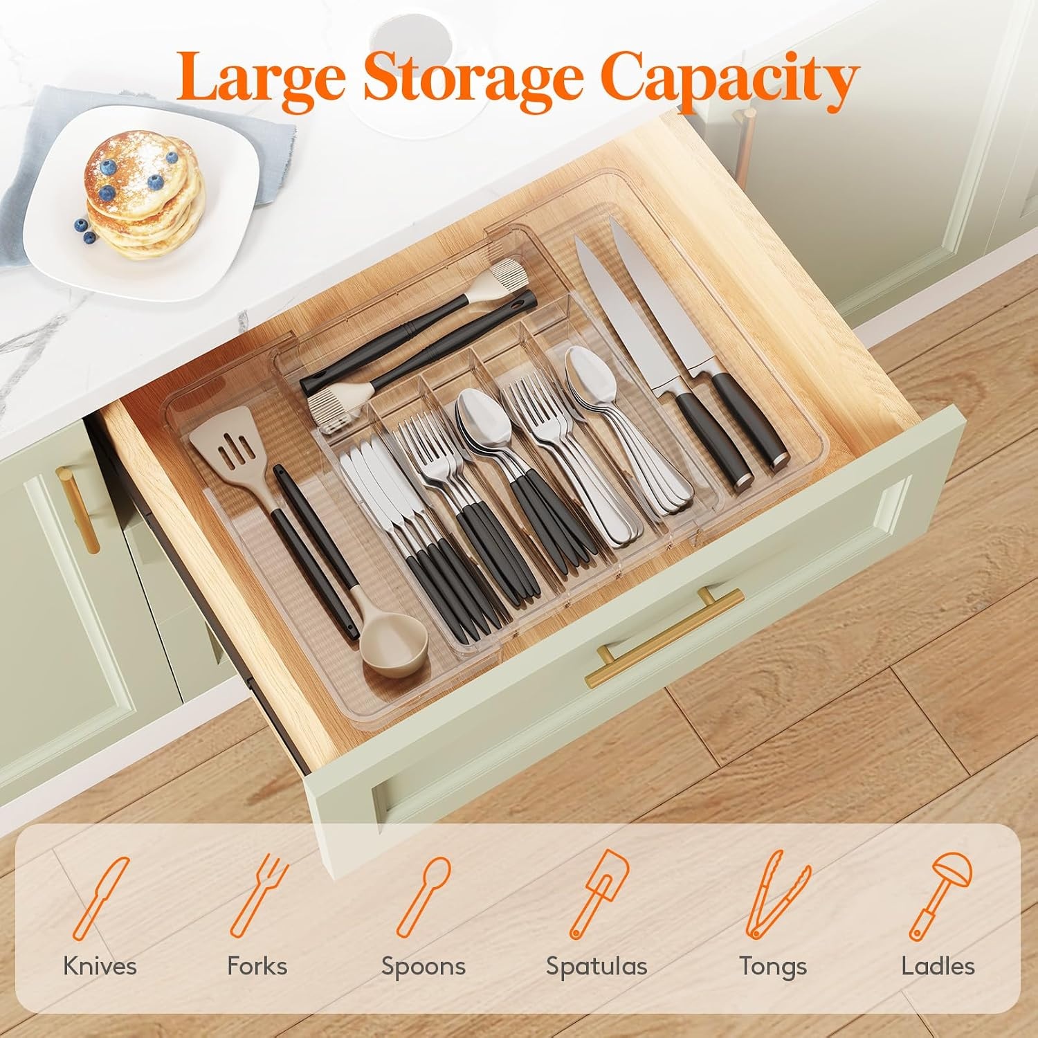 image:imageLifewit Silverware Organizer for Kitchen Drawer Expandable Utensil Tray for Spoons Forks Knives Adjustable Flatware Cutlery Holder Storage Clear