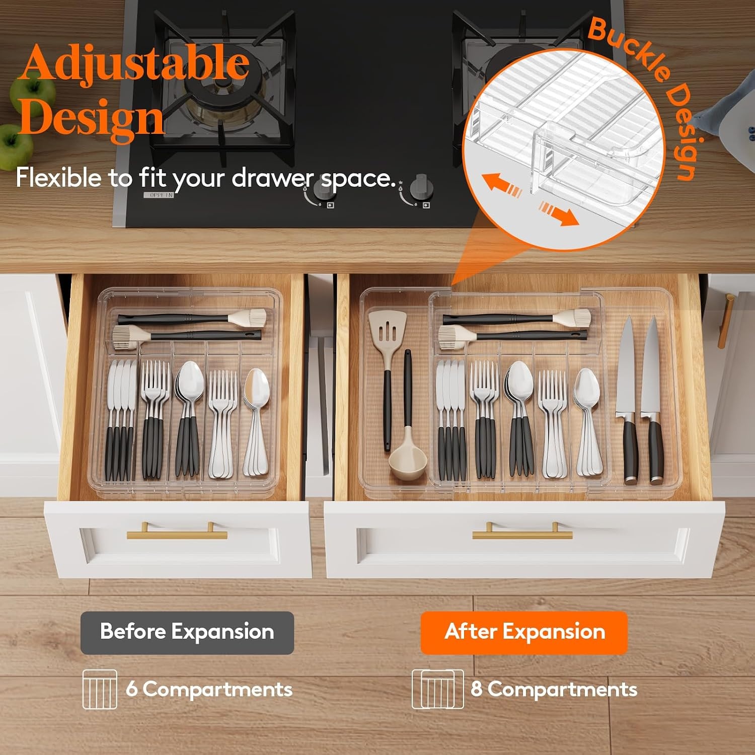 image:imageLifewit Silverware Organizer for Kitchen Drawer Expandable Utensil Tray for Spoons Forks Knives Adjustable Flatware Cutlery Holder Storage Clear