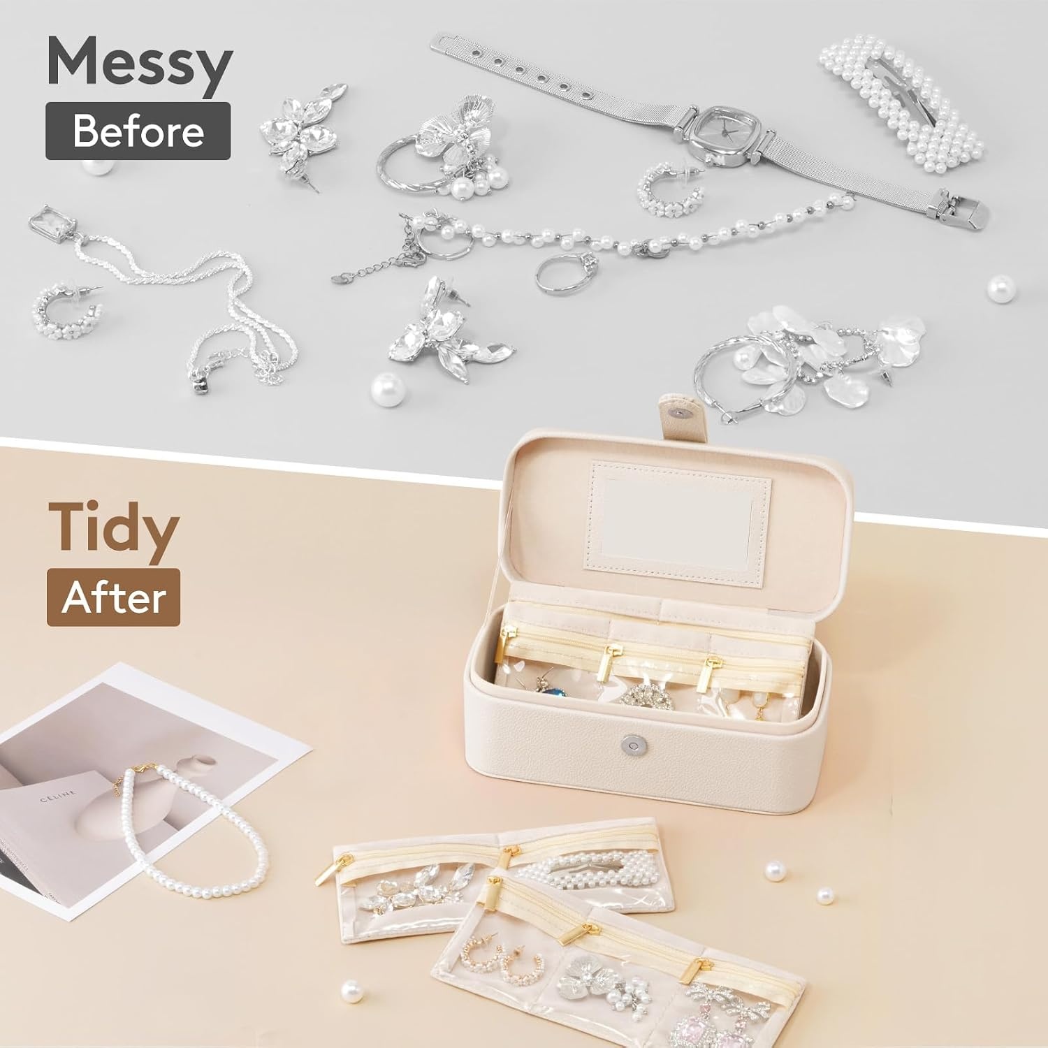 image:imageLifewit Travel Jewelry Case with Mirror and Handle Jewelry Box with 4 Pcs Jewelry Organizer Zipper Pocket for EarringsRingsNecklaces Portable Mini Jewelry Storage Gift for Women Girls Cream