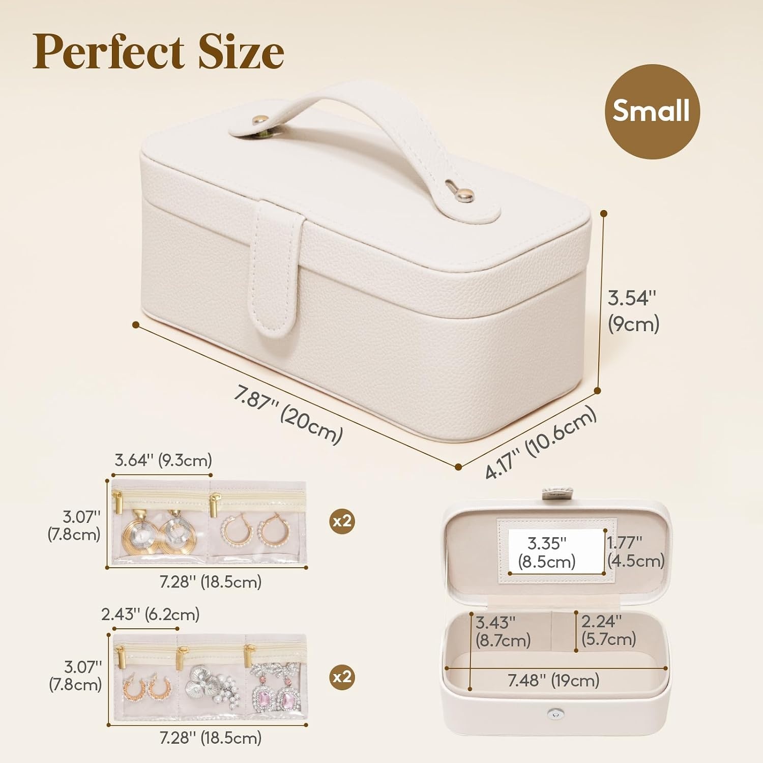 image:imageLifewit Travel Jewelry Case with Mirror and Handle Jewelry Box with 4 Pcs Jewelry Organizer Zipper Pocket for EarringsRingsNecklaces Portable Mini Jewelry Storage Gift for Women Girls Cream
