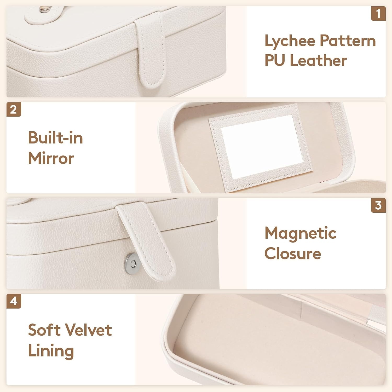 image:imageLifewit Travel Jewelry Case with Mirror and Handle Jewelry Box with 4 Pcs Jewelry Organizer Zipper Pocket for EarringsRingsNecklaces Portable Mini Jewelry Storage Gift for Women Girls Cream