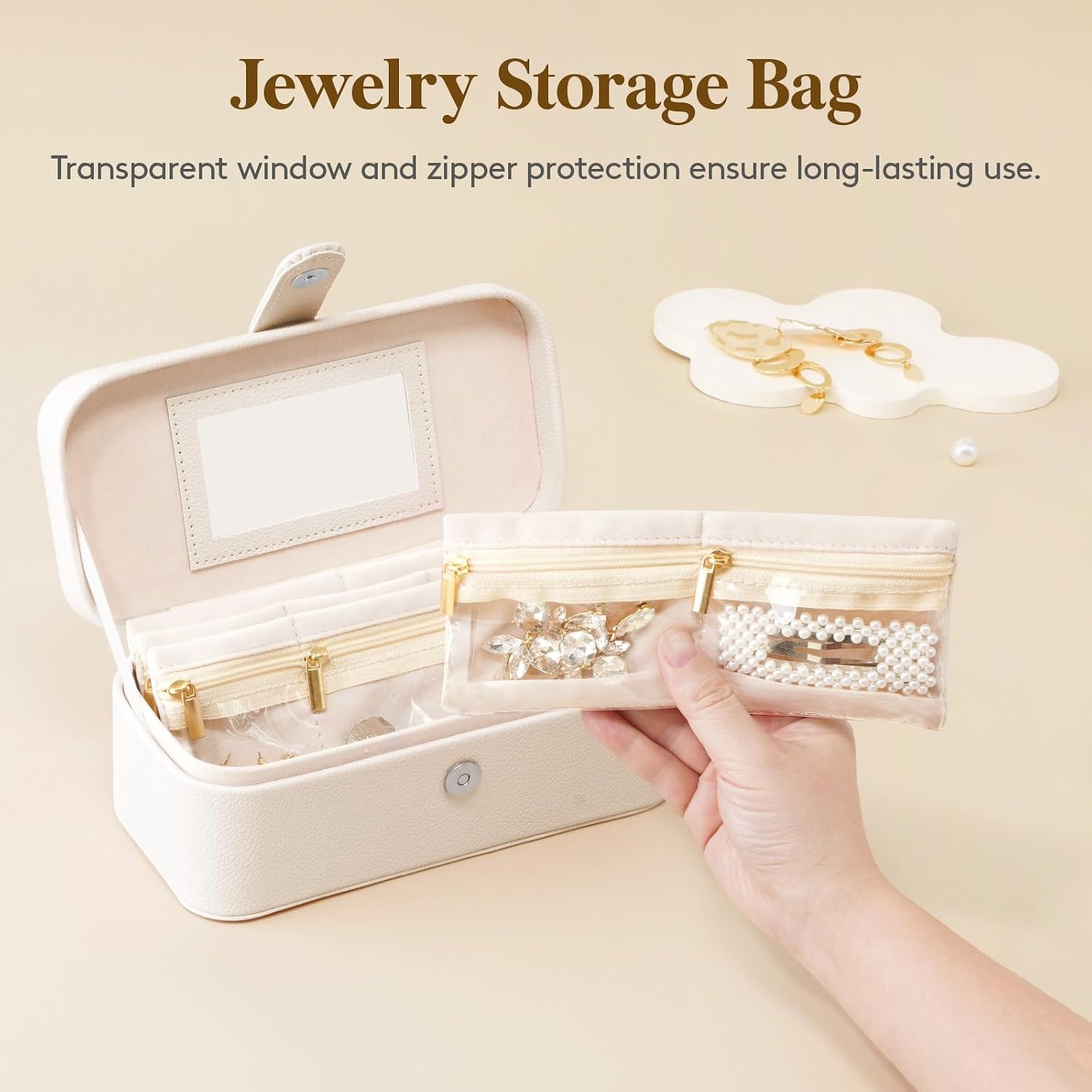 image:imageLifewit Travel Jewelry Case with Mirror and Handle Jewelry Box with 4 Pcs Jewelry Organizer Zipper Pocket for EarringsRingsNecklaces Portable Mini Jewelry Storage Gift for Women Girls Cream
