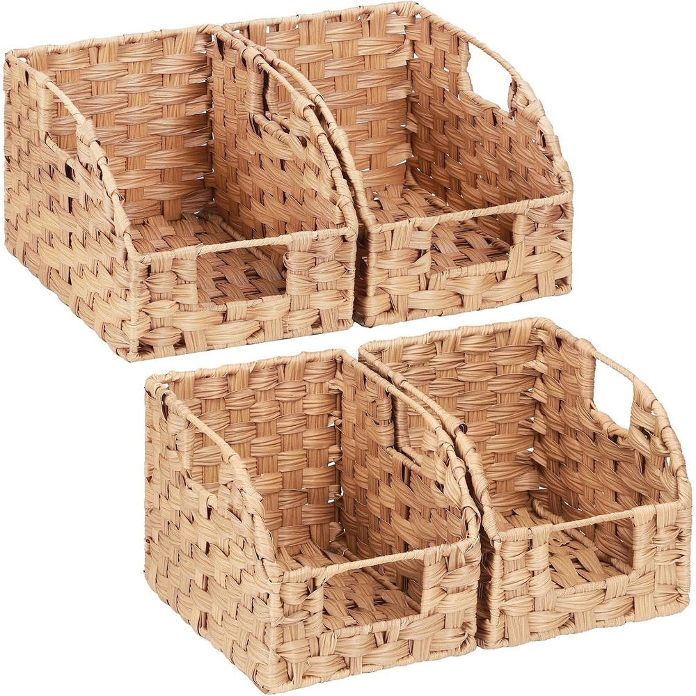 image:imageLifewit Handwoven PP Wicker Storage Basket Waterproof Imitation Rattan Basket with Builtin Handles Trapezoid Baskets for Organizing Shelves Pantry Burlywood 4Pack