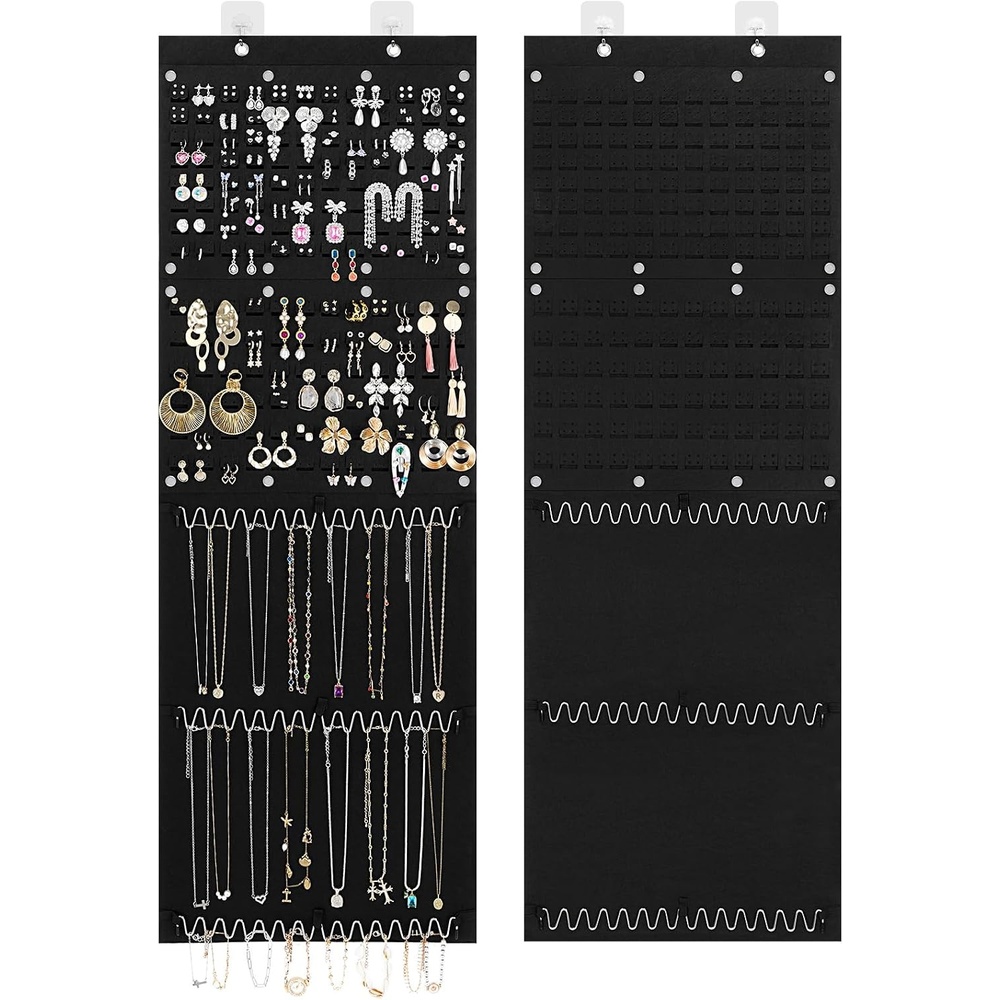image:imageLifewit Hanging Jewelry Organizer Storage Roll Felt Stud Earring Display Holder with Sticky Hooks 672 Earrings Holes 3 Metal Hooks for 36 Necklaces Jewelry Hanger on Door or Wall 1 Pack Black